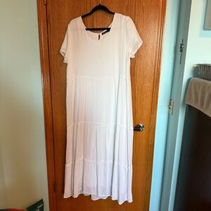 Mikarose White Short-Sleeve Tiered Maxi Dress